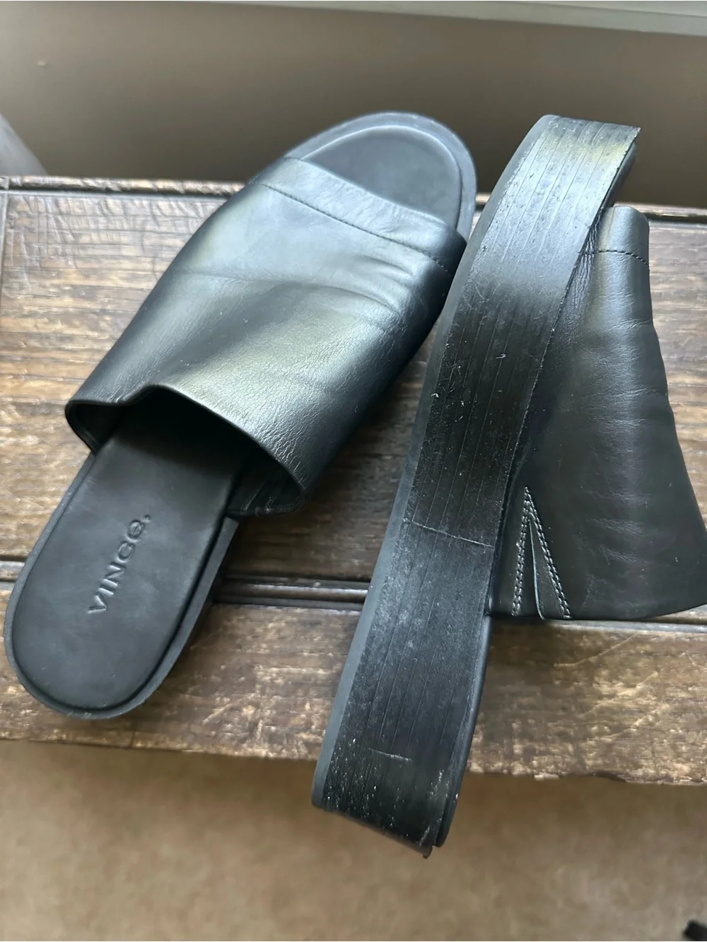 Vince • Saskia Black Leather Platform Slide Sandals